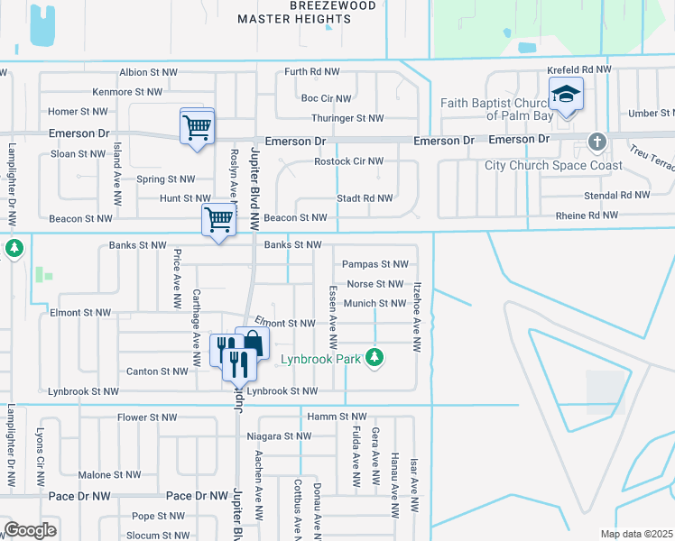 map of restaurants, bars, coffee shops, grocery stores, and more near 1110 Essen Avenue Northwest in Palm Bay