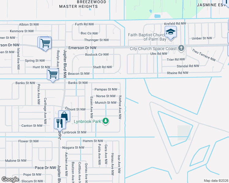 map of restaurants, bars, coffee shops, grocery stores, and more near 659 Norse Street Northwest in Palm Bay
