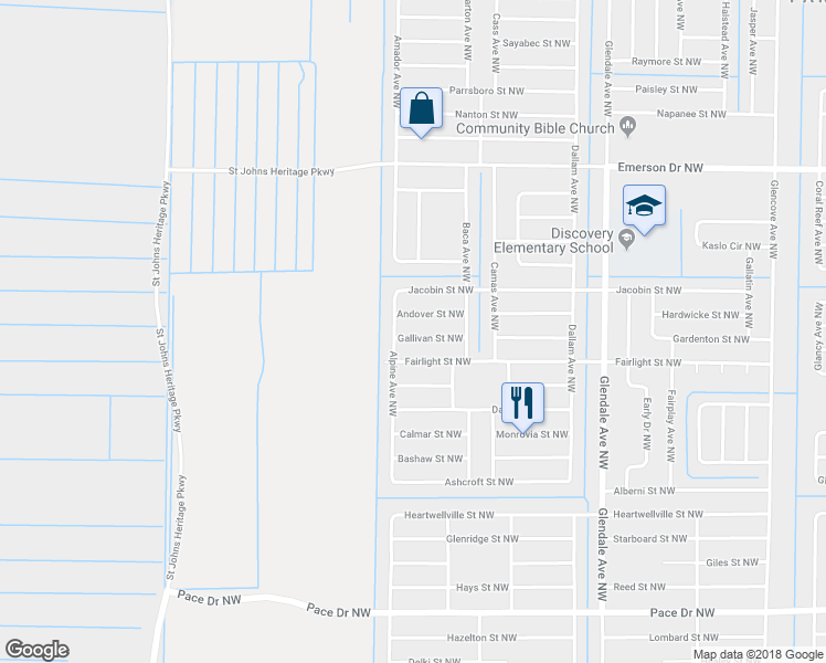 map of restaurants, bars, coffee shops, grocery stores, and more near 1875 Gallivan Street Northwest in Palm Bay