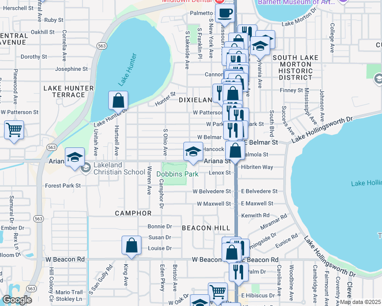 map of restaurants, bars, coffee shops, grocery stores, and more near 1304 South Dakota Avenue in Lakeland