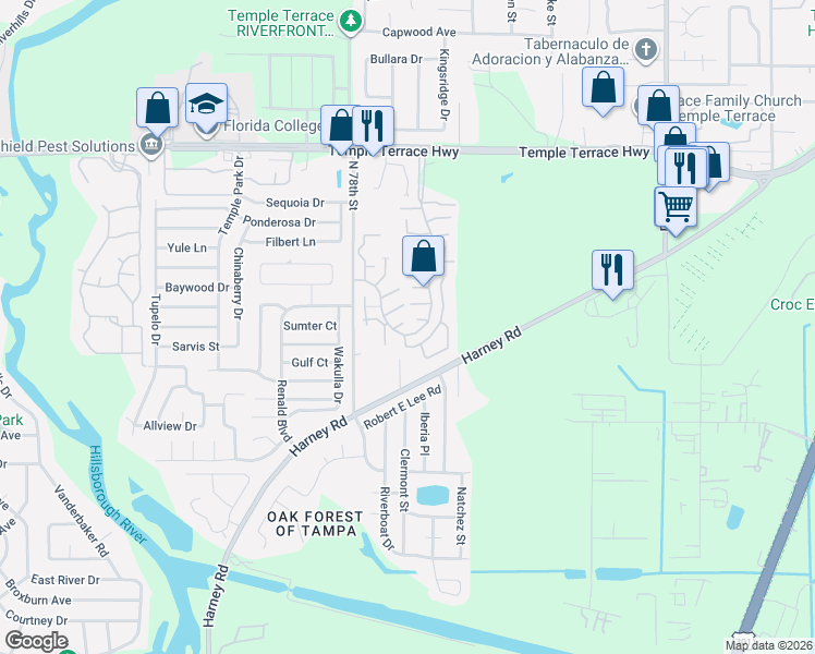 map of restaurants, bars, coffee shops, grocery stores, and more near 8518 Alexandra Arbor Lane in Temple Terrace