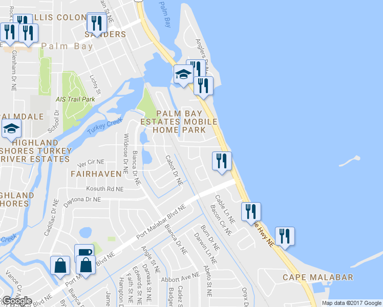 map of restaurants, bars, coffee shops, grocery stores, and more near 1166 Jordan Court Northeast in Palm Bay