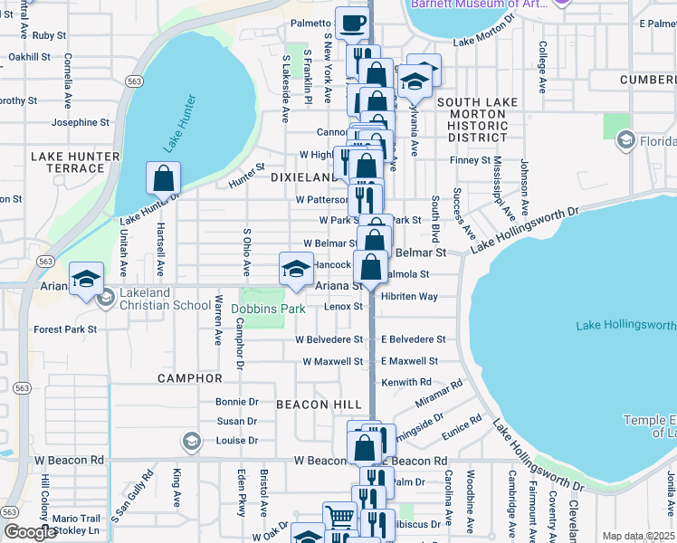 map of restaurants, bars, coffee shops, grocery stores, and more near 207 Ariana Street in Lakeland