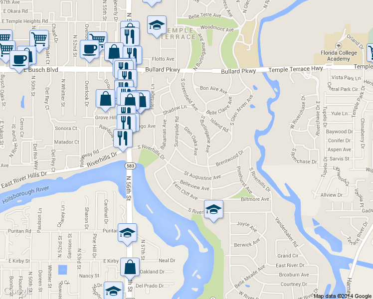 map of restaurants, bars, coffee shops, grocery stores, and more near 304 Brentwood Drive in Tampa