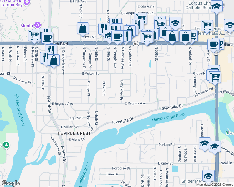 map of restaurants, bars, coffee shops, grocery stores, and more near 8409 Barrett Place in Tampa