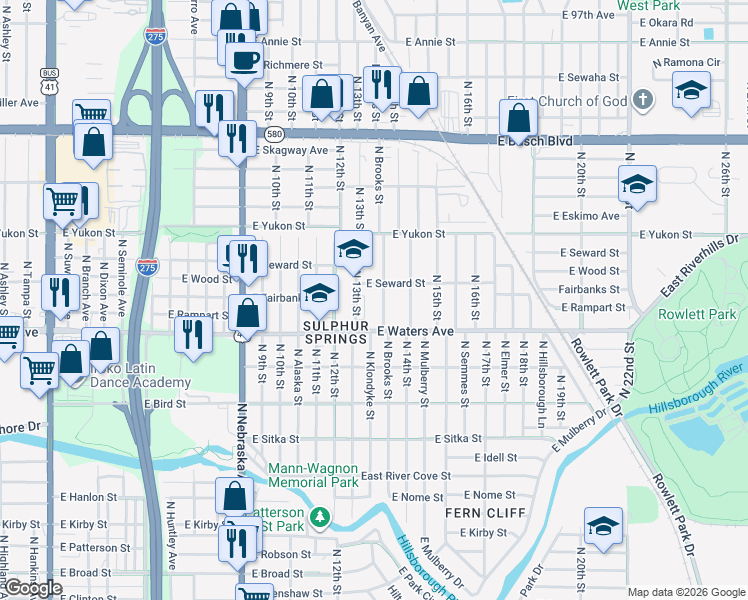 map of restaurants, bars, coffee shops, grocery stores, and more near 1302 East Waters Avenue in Tampa
