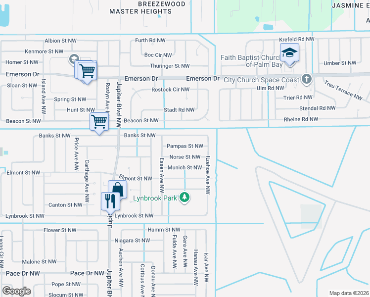 map of restaurants, bars, coffee shops, grocery stores, and more near 659 Norse Street Northwest in Palm Bay