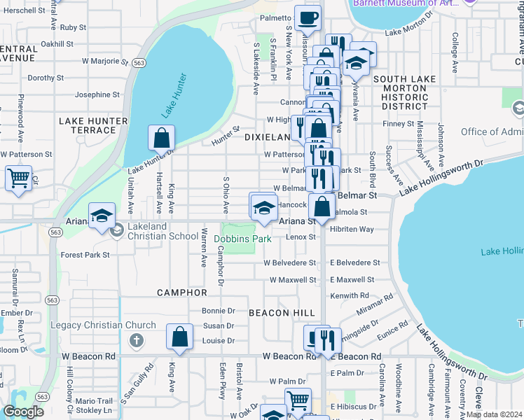 map of restaurants, bars, coffee shops, grocery stores, and more near 1302 South Dakota Avenue in Lakeland