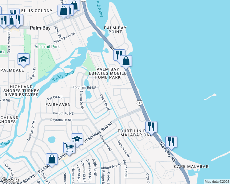 map of restaurants, bars, coffee shops, grocery stores, and more near 1199 Jordan Court Northeast in Palm Bay