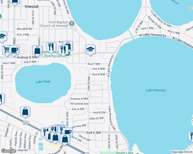 map of restaurants, bars, coffee shops, grocery stores, and more near 333 North Lake Howard Drive in Winter Haven