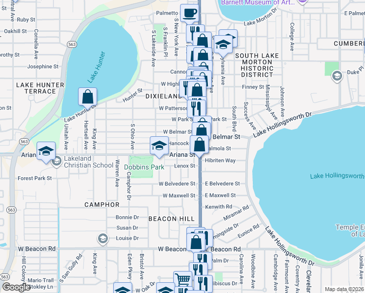 map of restaurants, bars, coffee shops, grocery stores, and more near 207 Ariana Street in Lakeland