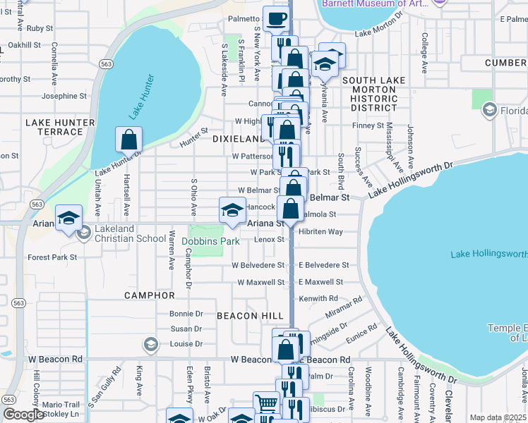 map of restaurants, bars, coffee shops, grocery stores, and more near 210 West Hancock Street in Lakeland