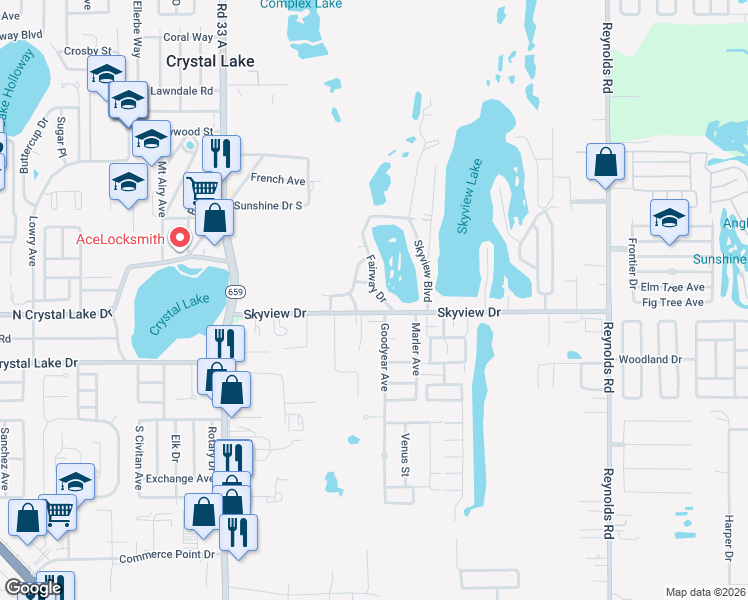 map of restaurants, bars, coffee shops, grocery stores, and more near 1406 Moonlite Drive in Lakeland