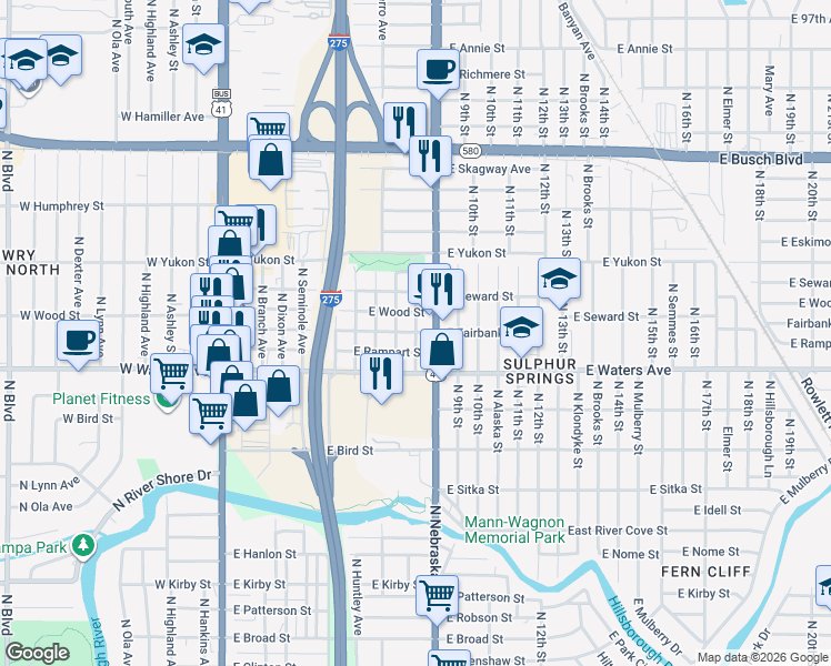 map of restaurants, bars, coffee shops, grocery stores, and more near 849 East Fairbanks Street in Tampa