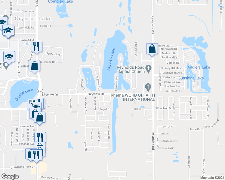 map of restaurants, bars, coffee shops, grocery stores, and more near 3064 Skyview Drive in Lakeland