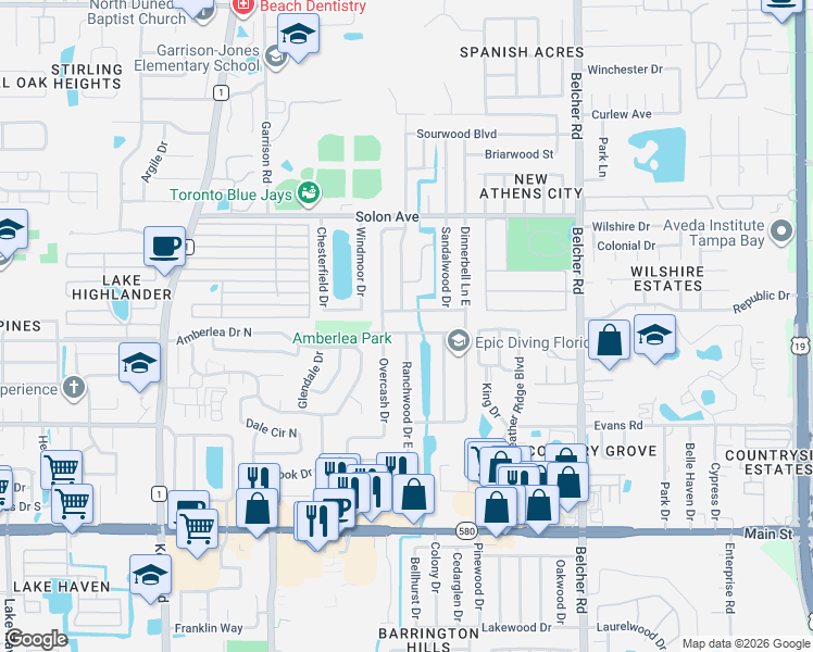 map of restaurants, bars, coffee shops, grocery stores, and more near 1327 Ranchwood Drive East in Dunedin