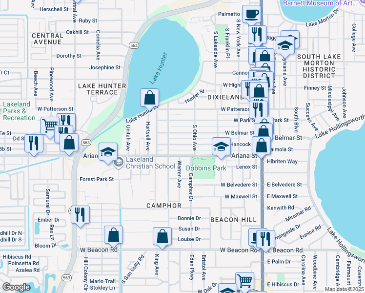 map of restaurants, bars, coffee shops, grocery stores, and more near 626 West Hancock Street in Lakeland