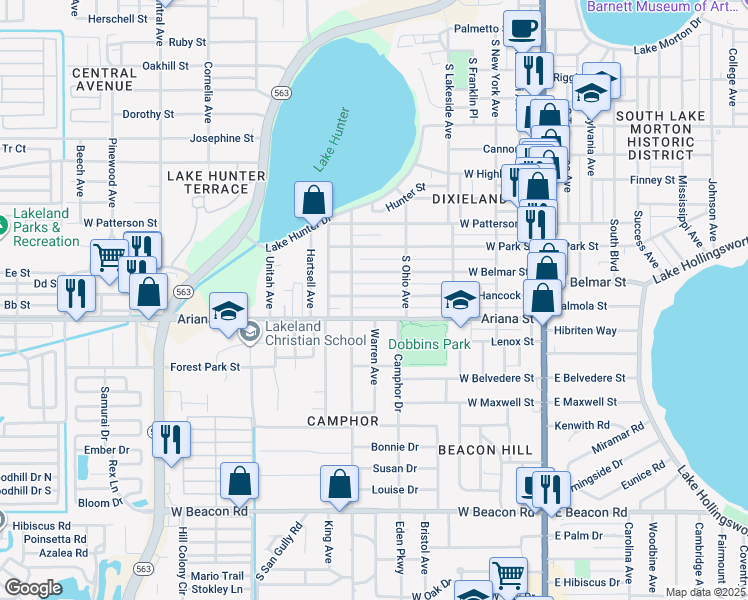 map of restaurants, bars, coffee shops, grocery stores, and more near 707 Ariana Street in Lakeland