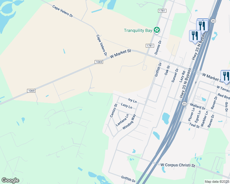 map of restaurants, bars, coffee shops, grocery stores, and more near 107 Cenizo Street in Rockport