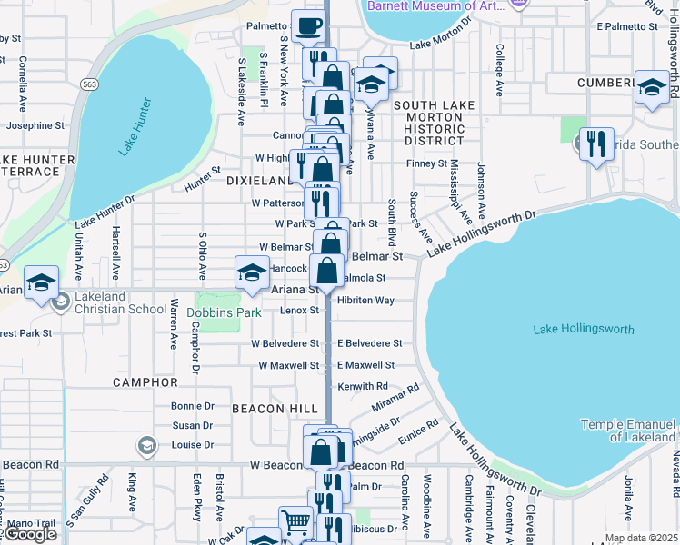 map of restaurants, bars, coffee shops, grocery stores, and more near in Lakeland