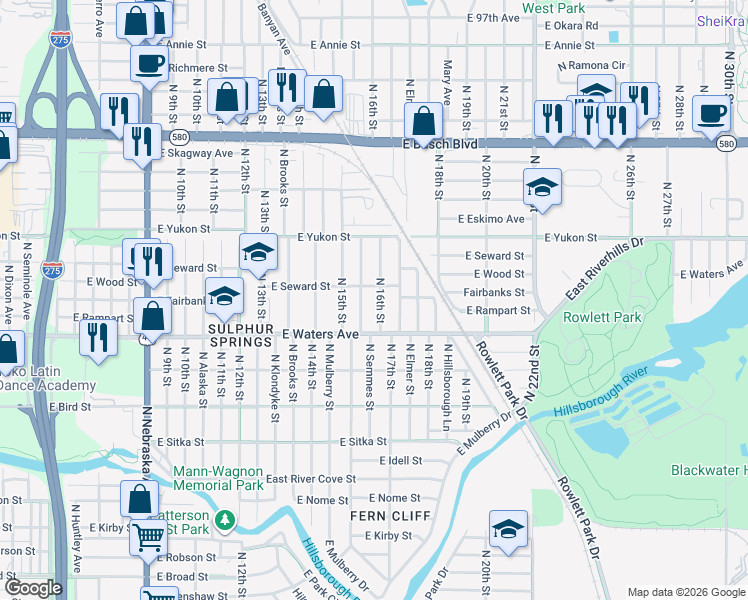map of restaurants, bars, coffee shops, grocery stores, and more near 8410 North 16th Street in Tampa