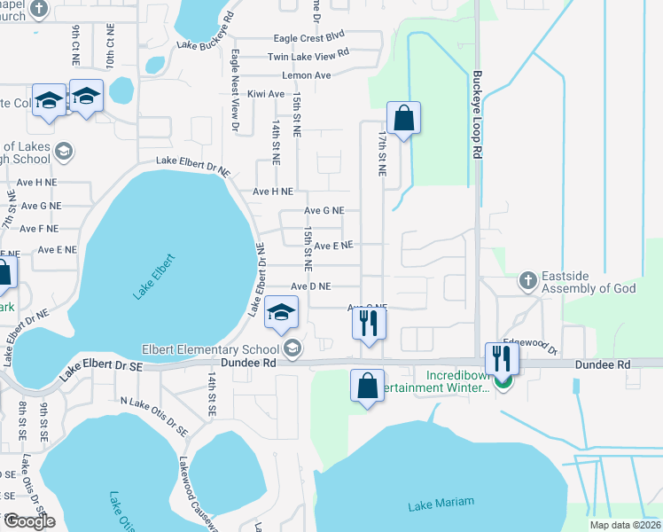 map of restaurants, bars, coffee shops, grocery stores, and more near 1532 Drexel Avenue Northeast in Winter Haven