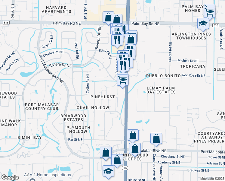 map of restaurants, bars, coffee shops, grocery stores, and more near 2132 Forest Knoll Drive Northeast in Palm Bay