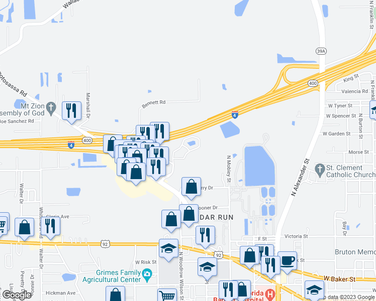 map of restaurants, bars, coffee shops, grocery stores, and more near 1227 Goldfinch Drive in Plant City