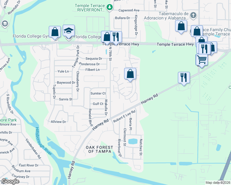 map of restaurants, bars, coffee shops, grocery stores, and more near 8811 North 78th Street in Temple Terrace