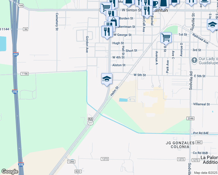 map of restaurants, bars, coffee shops, grocery stores, and more near 900 South San Patricio Street in Sinton