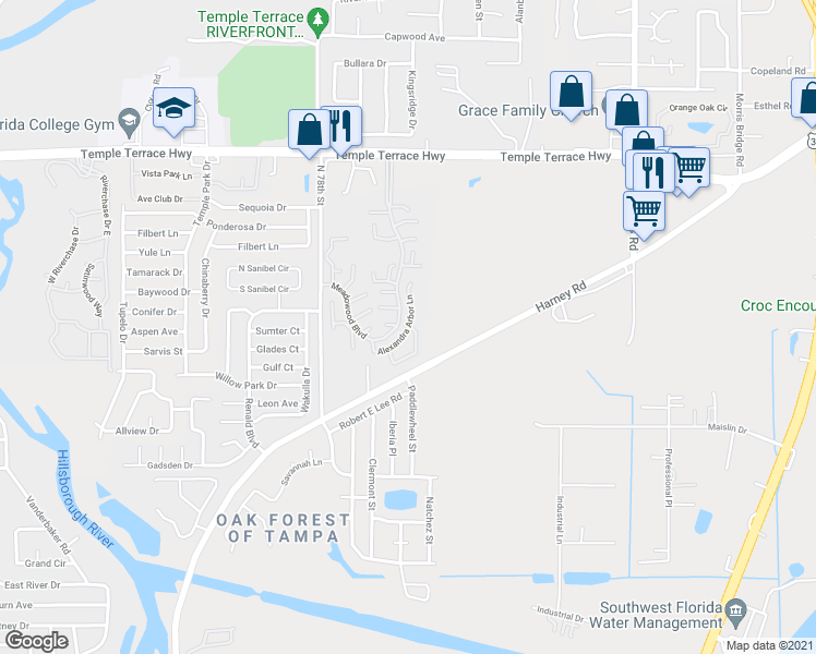 map of restaurants, bars, coffee shops, grocery stores, and more near 8540 Alexandra Arbor Lane in Tampa