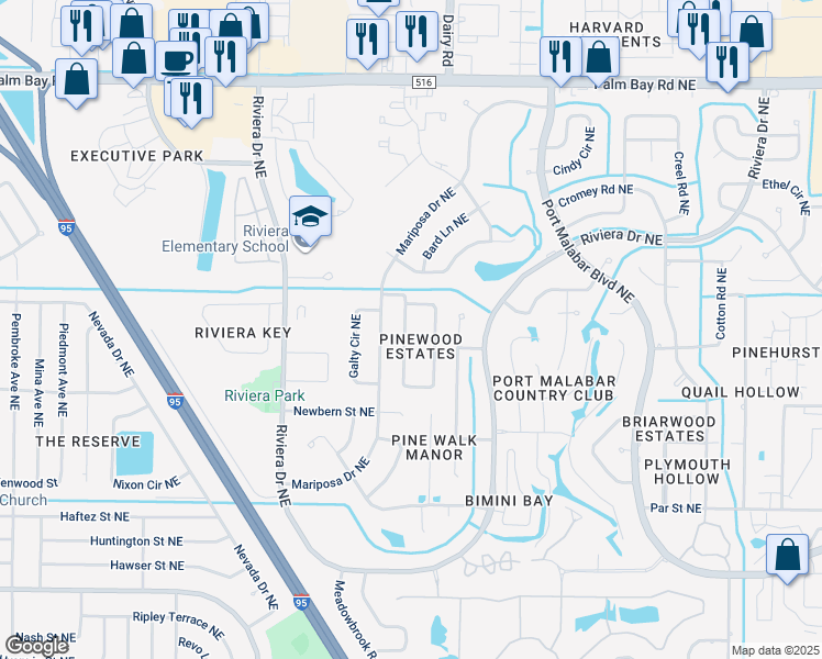 map of restaurants, bars, coffee shops, grocery stores, and more near 1029 Morgan Circle Northeast in Palm Bay