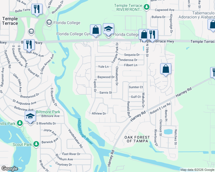 map of restaurants, bars, coffee shops, grocery stores, and more near 7020 Aspen Avenue in Tampa