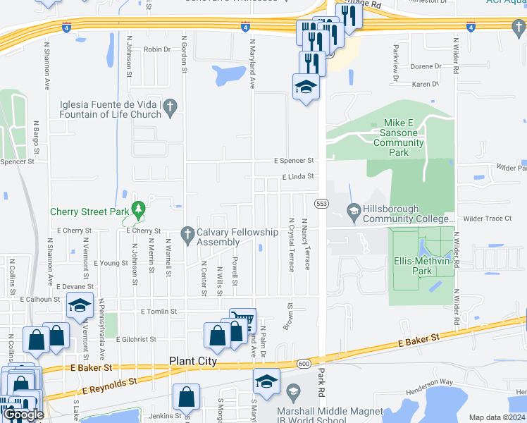 map of restaurants, bars, coffee shops, grocery stores, and more near 1301 North Palm Drive in Plant City