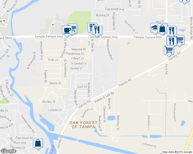 map of restaurants, bars, coffee shops, grocery stores, and more near 8811 North 78th Street in Temple Terrace