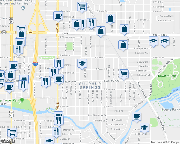 map of restaurants, bars, coffee shops, grocery stores, and more near 1302 East Waters Avenue in Tampa