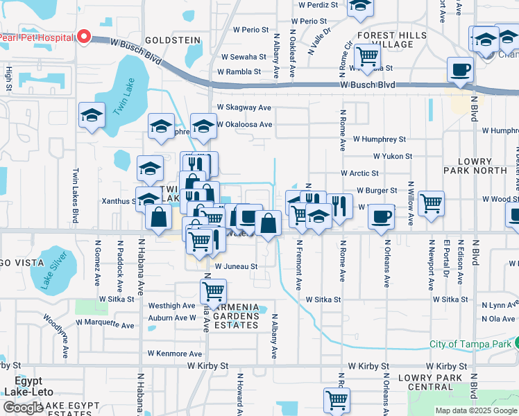 map of restaurants, bars, coffee shops, grocery stores, and more near 2104 West 2 Lakes Road in Tampa