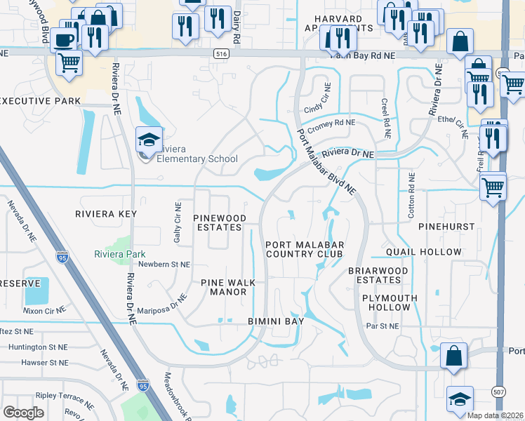 map of restaurants, bars, coffee shops, grocery stores, and more near 1222 Riviera Drive Northeast in Palm Bay