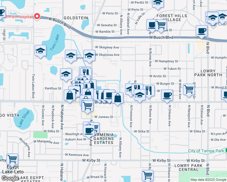 map of restaurants, bars, coffee shops, grocery stores, and more near 2104 West 2 Lakes Road in Tampa