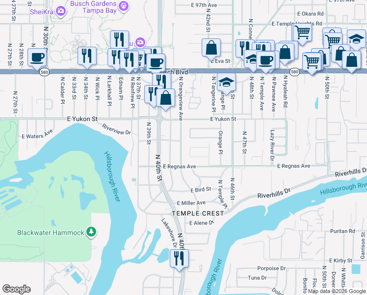 map of restaurants, bars, coffee shops, grocery stores, and more near 8421 North Orangeview Avenue in Tampa