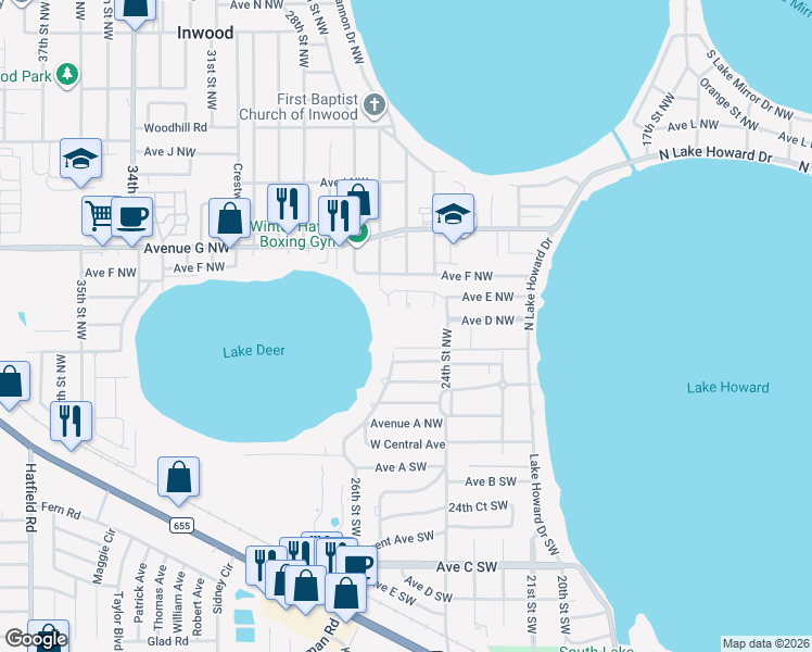 map of restaurants, bars, coffee shops, grocery stores, and more near 302 East Lake Deer Drive in Winter Haven