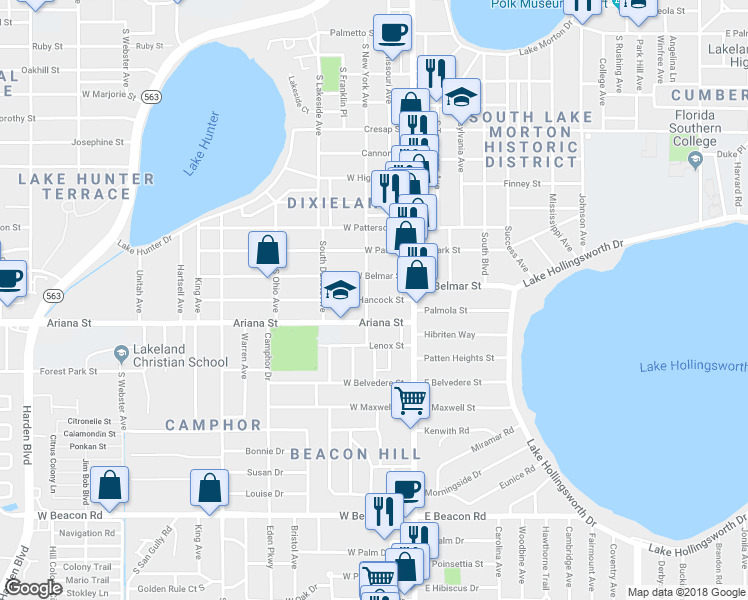 map of restaurants, bars, coffee shops, grocery stores, and more near 212 West Hancock Street in Lakeland