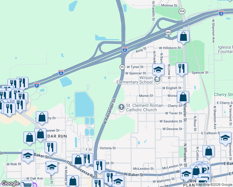 map of restaurants, bars, coffee shops, grocery stores, and more near 1462 North Alexander Street in Plant City