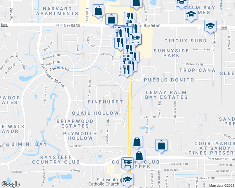 map of restaurants, bars, coffee shops, grocery stores, and more near 2101 Forest Knoll Drive Northeast in Palm Bay