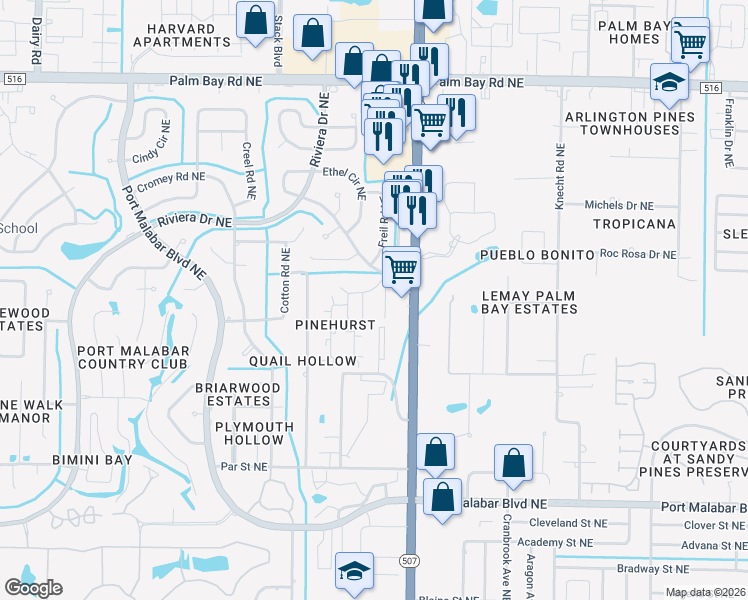map of restaurants, bars, coffee shops, grocery stores, and more near 2101 Forest Knoll Drive Northeast in Palm Bay