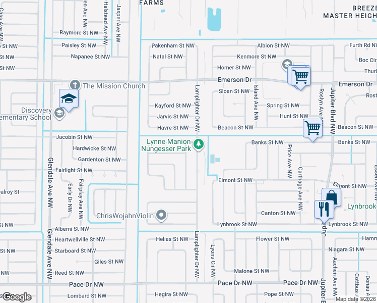 map of restaurants, bars, coffee shops, grocery stores, and more near 1177 Helena Avenue Northwest in Palm Bay
