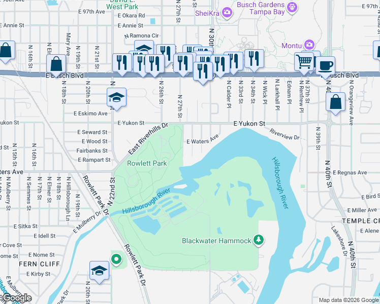 map of restaurants, bars, coffee shops, grocery stores, and more near 2809 East Waters Avenue in Tampa