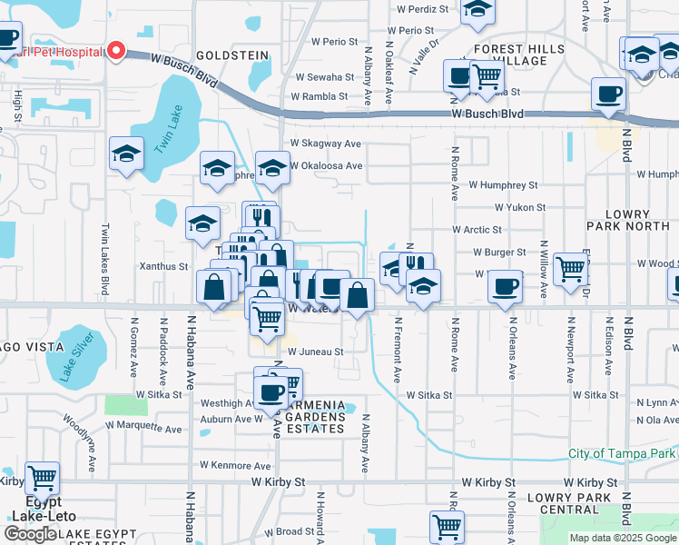 map of restaurants, bars, coffee shops, grocery stores, and more near 2111 Cool Spring Road in Tampa
