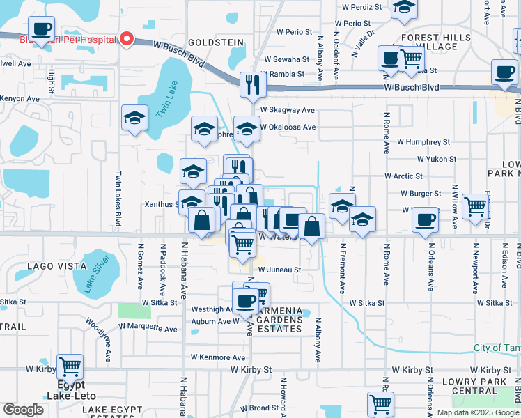 map of restaurants, bars, coffee shops, grocery stores, and more near in Tampa