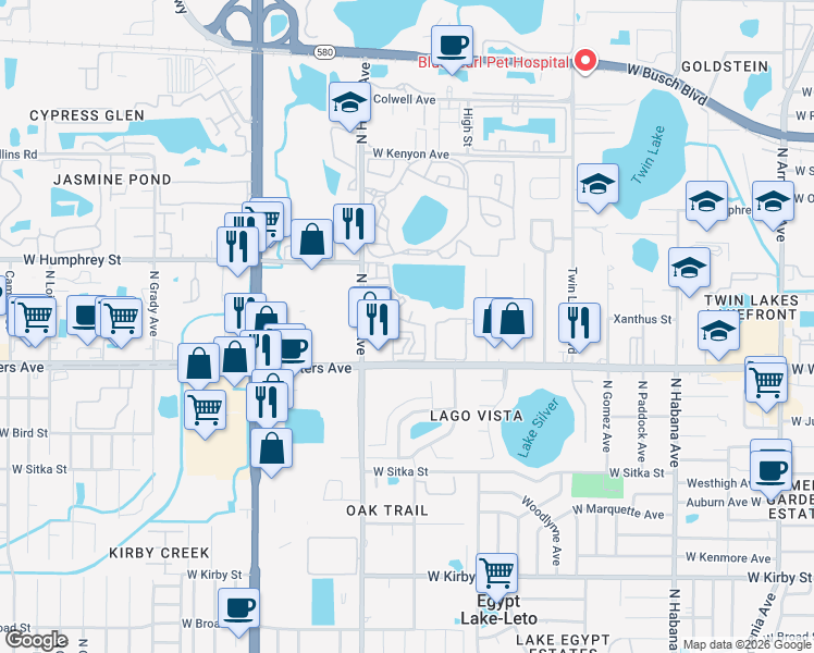 map of restaurants, bars, coffee shops, grocery stores, and more near 8508 Cedar Garden Dr in Tampa